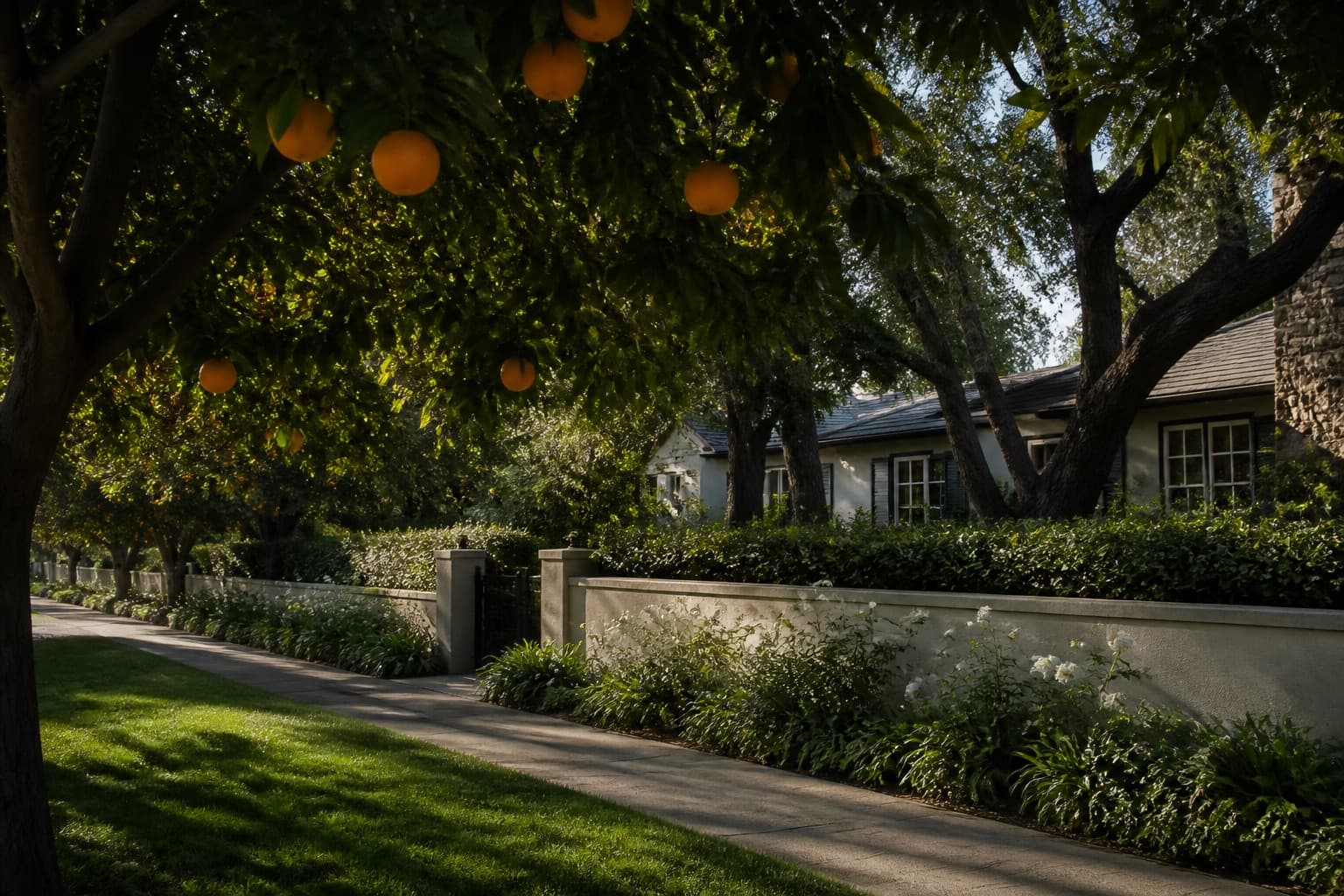 Citrus canopy over an irrigated Arcadia street in late light