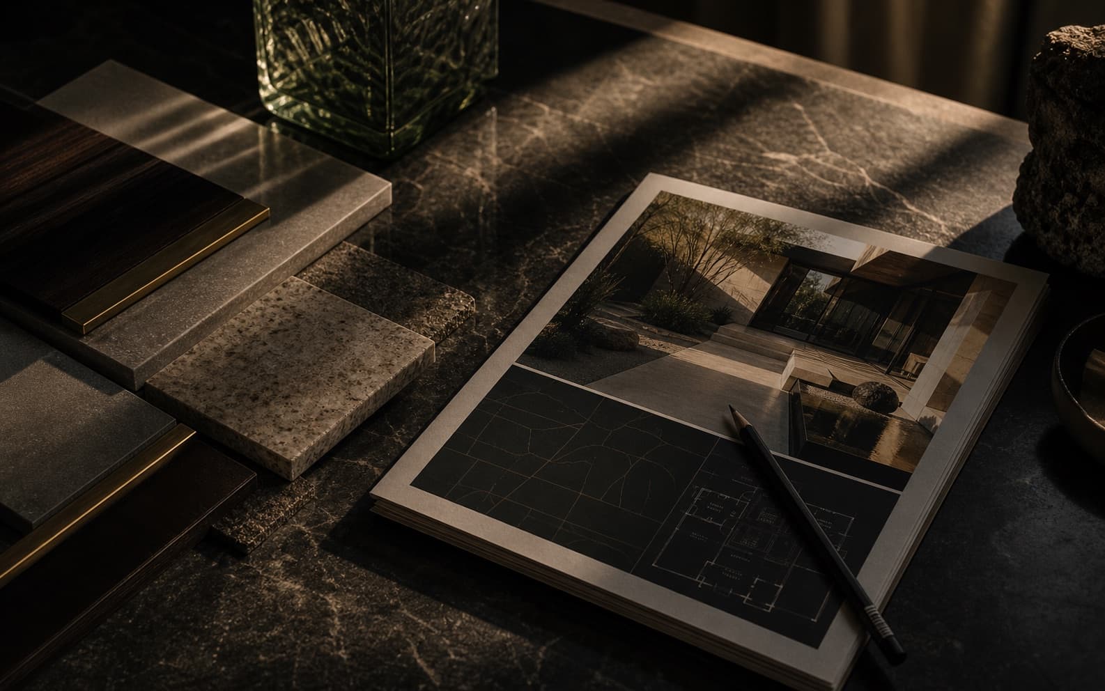 Market intelligence brief with architectural material samples and parcel notes