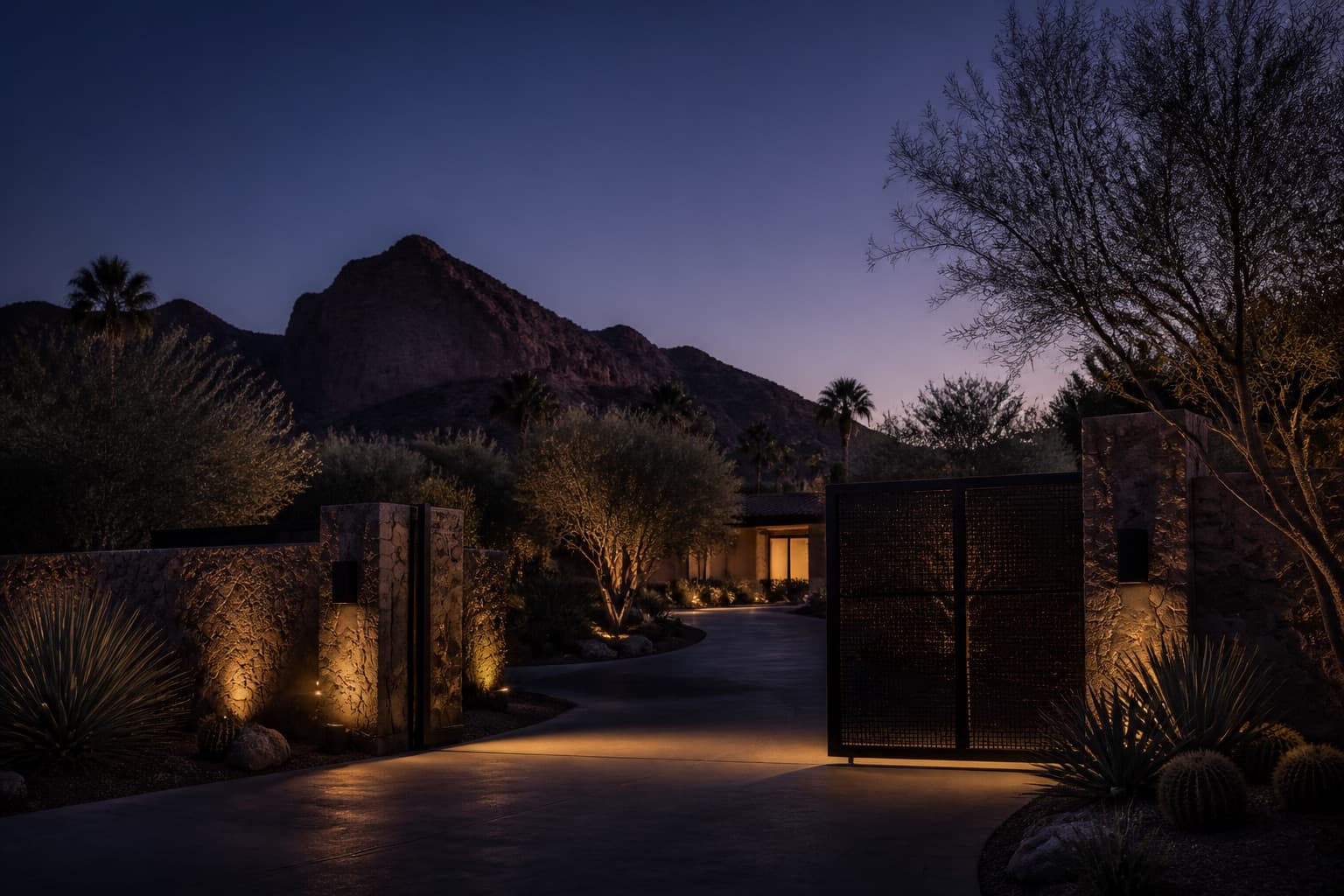 Private gated drive in Paradise Valley at twilight, Camelback Mountain behind